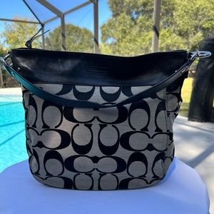 COACH Black Leather and Grey Signature Fabric Hobo. Good Used Condition
